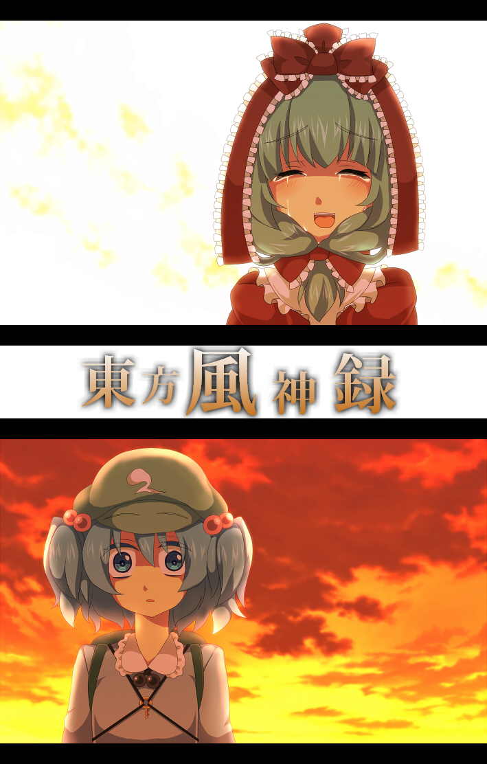 ishikoromo anzuaoi, momoko nitsuite, kagiyama hina, kawashiro nitori, touhou, bad id, bad pixiv id, translation request, 2girls, backpack, bag, blue eyes, blue hair, female focus, front ponytail, green hair, hair bobbles, hair ornament, hair ribbon, hat, key, multiple girls, randoseru, ribbon, short hair, tears, twintails, two side up