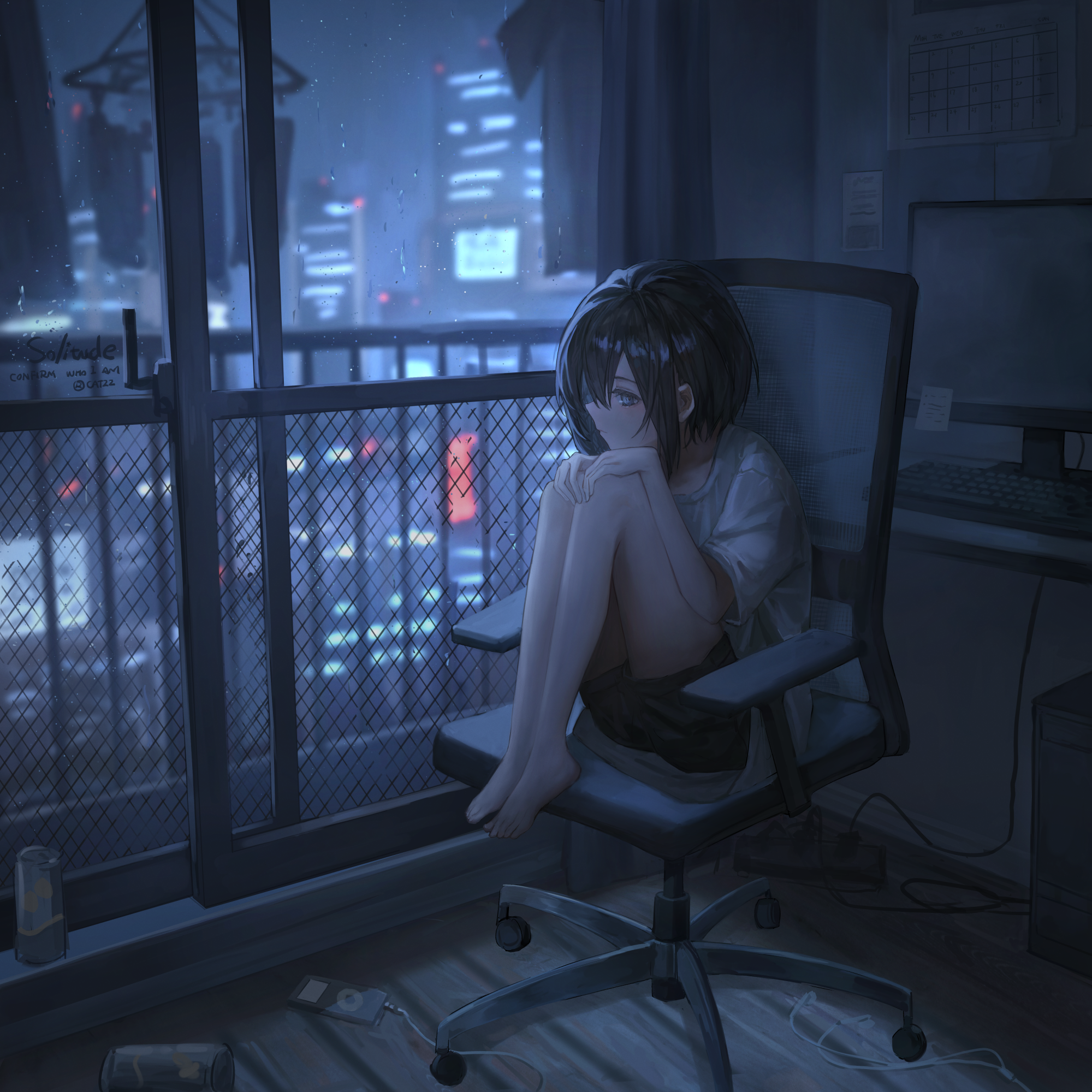 catzz, original, commentary, english commentary, highres, 1girl, artist name, barefoot, black hair, blurry, blurry background, cable, can, chair, city lights, closed mouth, clothes hanger, clothes writing, computer, computer keyboard, computer tower, curtains, digital media player, earbuds, earphones, full body, hands on own knees, hands up, indoors, knees up, medium hair, monitor, night, ringed eyes, scenery, shirt, short sleeves, shorts, sitting, solo, swivel chair, t-shirt, toes, water on glass, window