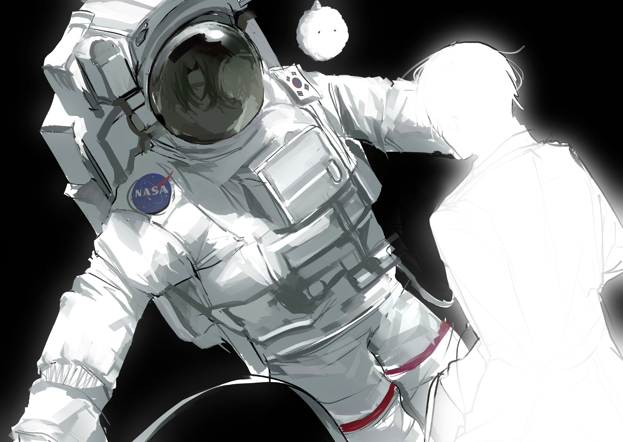 biyoo (omniscient reader's viewpoint), kim dokja, yoo joonghyuk, nasa, omniscient reader's viewpoint, hashtag-only commentary, highres, 2boys, animal, astronaut, black hair, facing another, feet out of frame, glowing, helmet, jdjoaaa, logo, male focus, multiple boys, nasa logo, outstretched arms, short hair, silhouette, south korean flag, space helmet, spacesuit, tether
