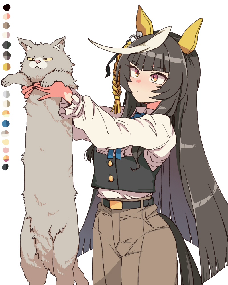 toriga naku, calstone light o (casual) (umamusume), calstone light o (umamusume), umamusume, commentary, symbol-only commentary, 1girl, animal, animal ears, belt, black hair, black vest, blush, breasts, brown pants, cat, closed mouth, ear covers, holding, holding animal, holding cat, horse ears, horse girl, horse tail, long hair, long sleeves, longcat (meme), meme, multicolored hair, orange eyes, pants, shirt, simple background, streaked hair, tail, vest, white background, white hair, white shirt, yellow eyes