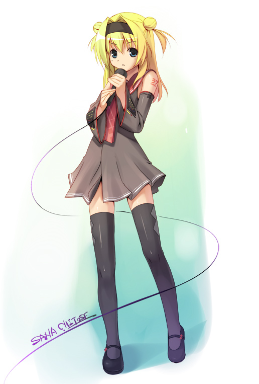 chitose sana, tenshinranman, vocaloid, blonde hair, detached sleeves, microphone, parody, solo, thighhighs