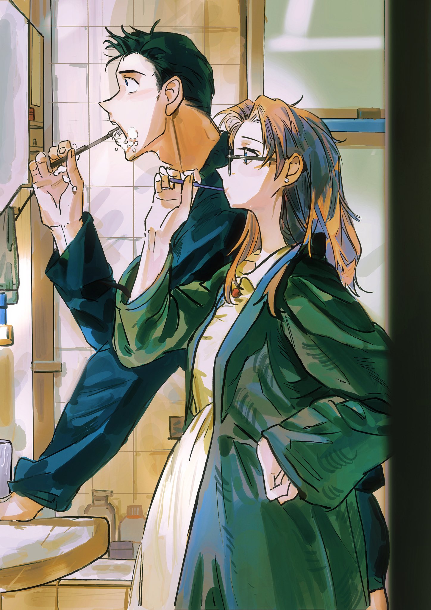 mercuryxun, kisaki eri, mouri kogoro, meitantei conan, commentary request, highres, 1boy, 1girl, aged down, black hair, brushing teeth, cowboy shot, earrings, from side, husband and wife, indoors, jewelry, orange hair, profile, tile wall, tiles, toothbrush