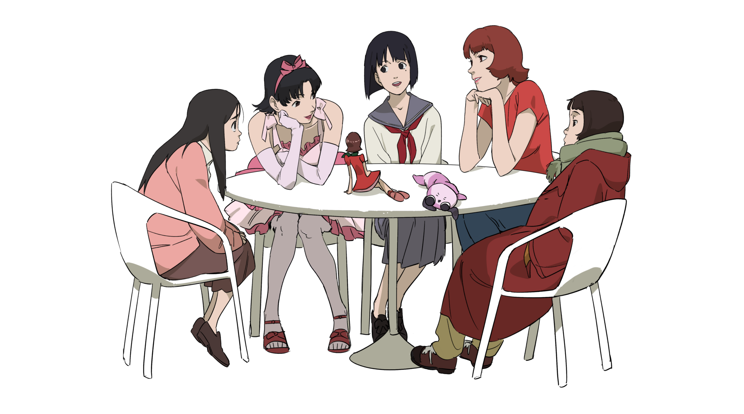 jinou rakugaki, fujiwara chiyoko, kirigoe mima, maromi, miyuki (tokyo godfathers), paprika (character), ririco (yumemiru kikai), sagi tsukiko, mousou dairinin, paprika, perfect blue, sennen joyuu, tokyo godfathers, yumemiru kikai, highres, 6+girls, black hair, brown hair, brown shoes, chair, coat, creator connection, elbow gloves, gloves, hairband, idol clothes, medium hair, multiple girls, neckerchief, pink hairband, red coat, red neckerchief, red shirt, sandals, school uniform, shirt, shoes, simple background, sitting, table, white background