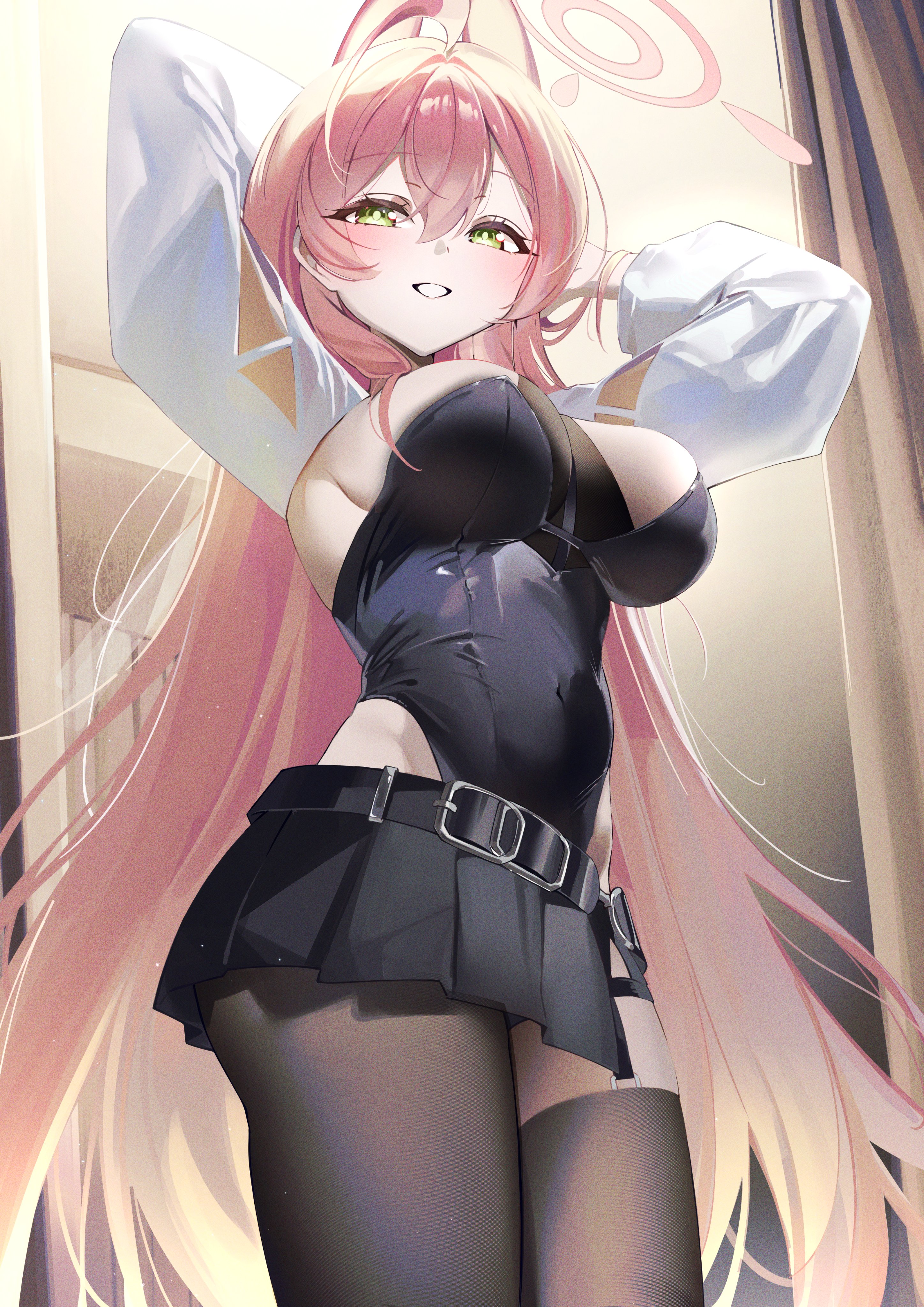 r aeel, hanako (blue archive), blue archive, absurdres, commentary request, highres, 1girl, alternate costume, arms behind head, asymmetrical legwear, belt, black belt, black leotard, black pantyhose, black skirt, black thighhighs, blush, breasts, green eyes, hair between eyes, halo, highleg, highleg leotard, large breasts, leotard, long hair, looking at viewer, mismatched legwear, pantyhose, pink hair, pink halo, pleated skirt, single leg pantyhose, skirt, solo, strapless, strapless leotard, thighhighs, very long hair