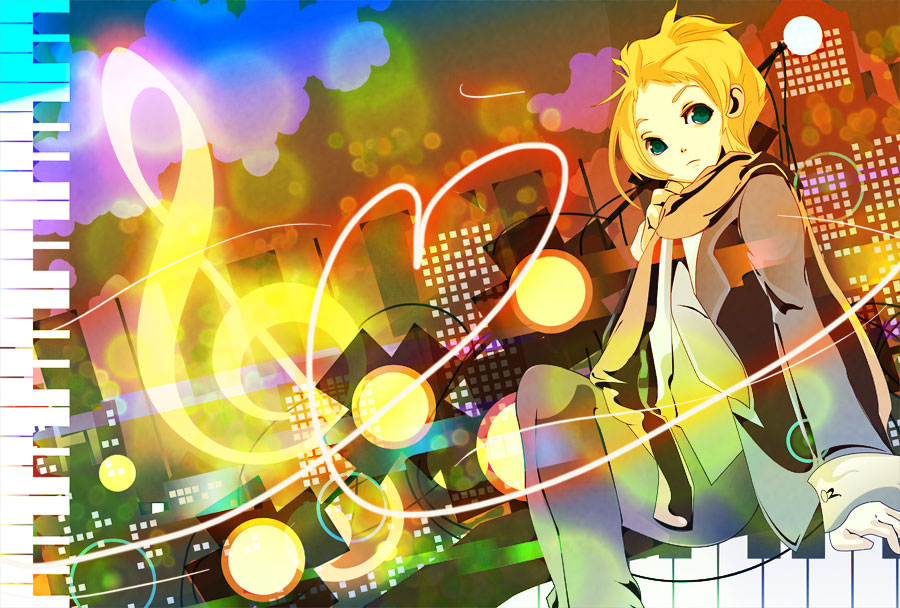 sakisato kiriko, original, bad id, bad pixiv id, 1girl, blonde hair, blurry, bokeh, building, depth of field, female focus, green eyes, lens flare, long sleeves, looking at viewer, musical note, piano keys, scarf, solo, treble clef