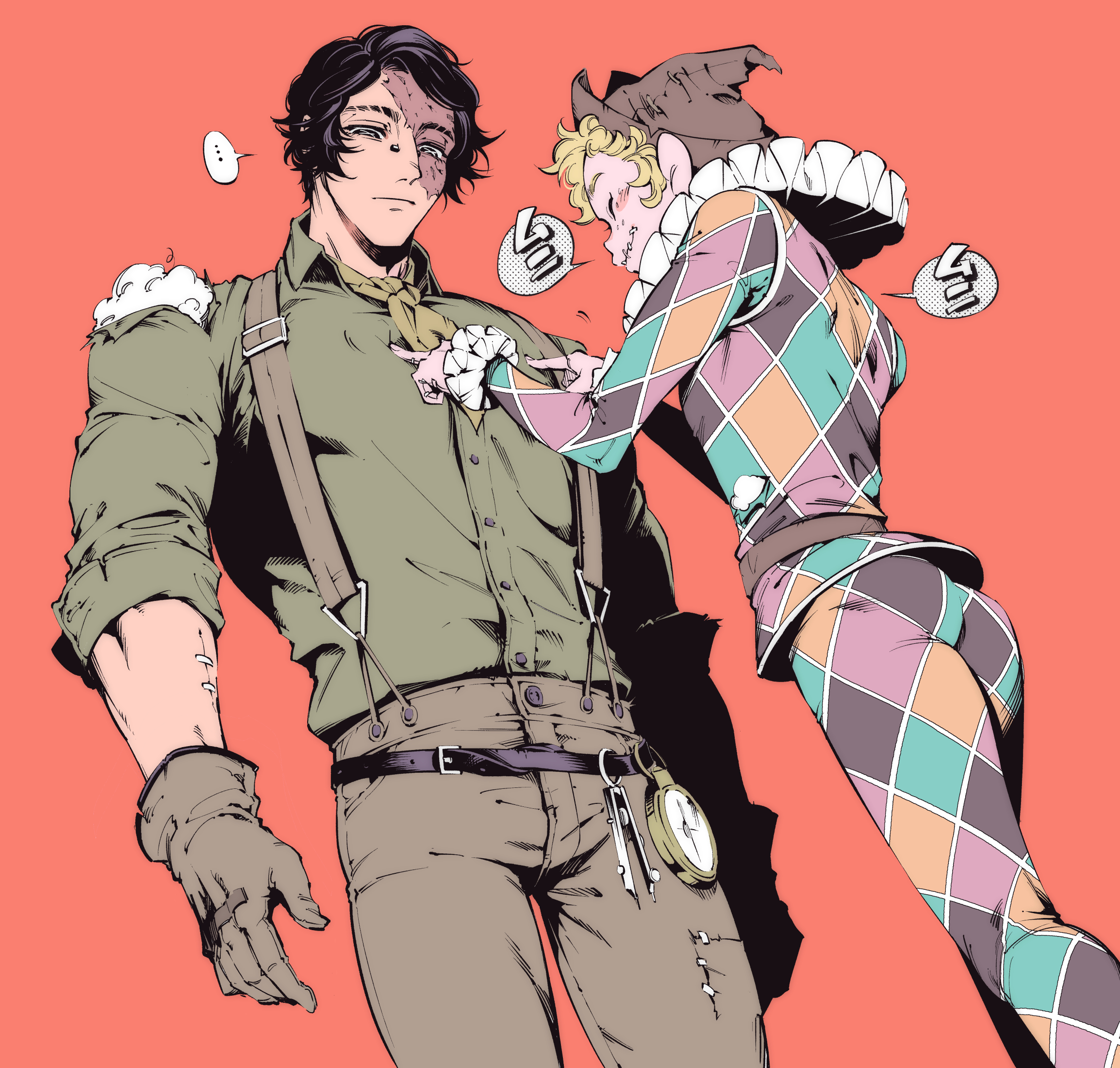 yousuke (yosk), mike morton, norton campbell, identity v, highres, translation request, …, 2boys, ascot, ass, black eyes, black hair, blonde hair, brown gloves, brown hat, brown pants, closed eyes, cowboy shot, cross-shaped pupils, expressionless, gloves, green ascot, green shirt, hands on another's chest, harlequin, hat, male focus, multiple boys, muscular, neck ruff, pants, red background, scar, scar across eye, scar on face, shirt, smile, spoken ellipsis, stuffing, suspenders, symbol-shaped pupils, yaoi