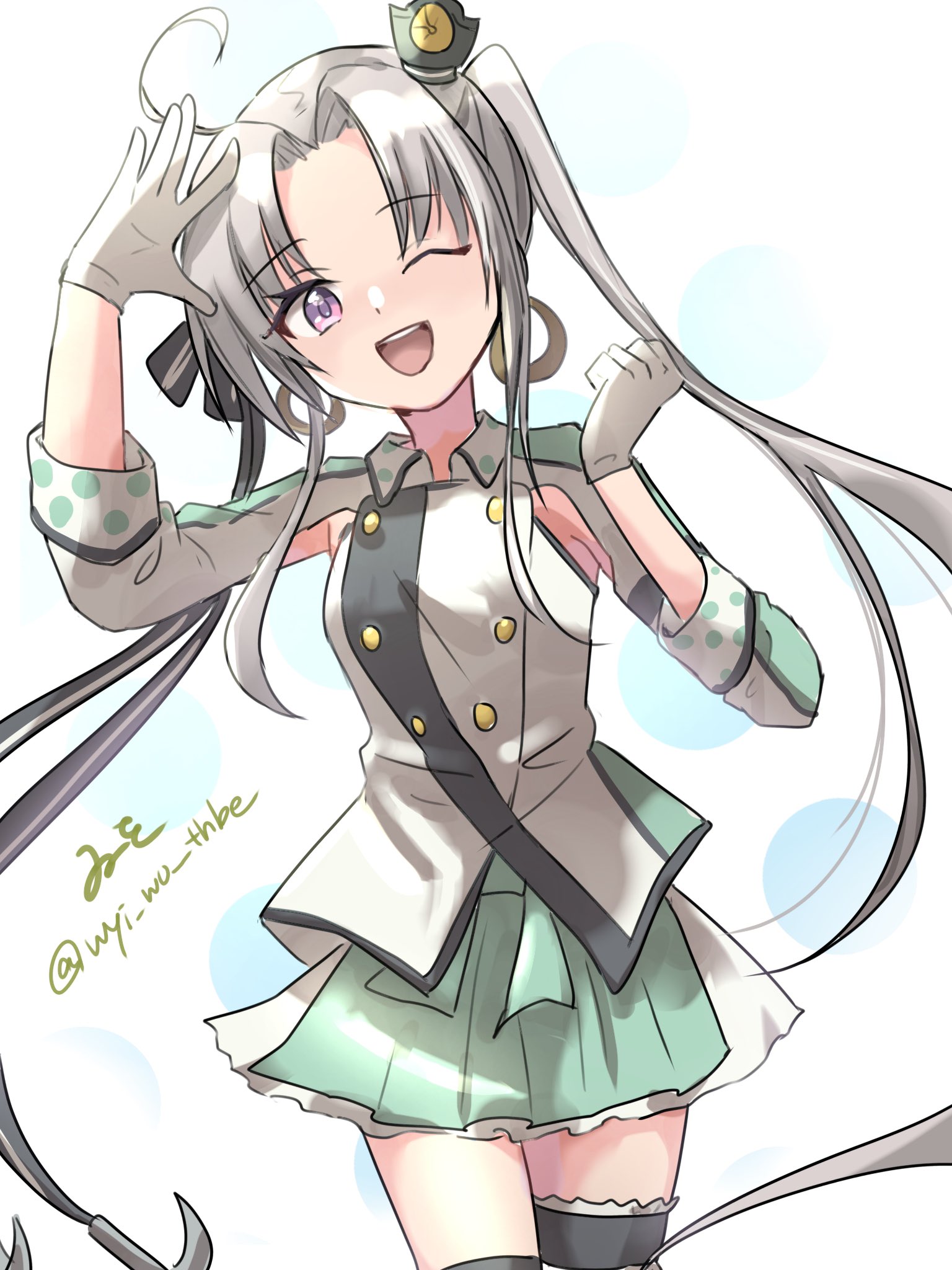 wiwo, akitsushima (kancolle), kantai collection, highres, 1girl, ahoge, artist name, black thighhighs, double bun, gloves, green skirt, grey eyes, grey hair, hair bun, hat, long hair, military uniform, mini hat, one-hour drawing challenge, one eye closed, pleated skirt, salute, shirt, side ponytail, skirt, smile, solo, thighhighs, twitter username, white gloves, white shirt