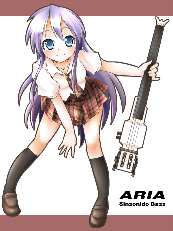 shing (sorairo factory), hiiragi miki, lucky star, 00s, 1girl, black socks, blue eyes, blush, female focus, full body, instrument, kneehighs, leaning forward, long hair, necktie, plaid clothes, plaid skirt, purple hair, school uniform, skirt, smile, socks, solo