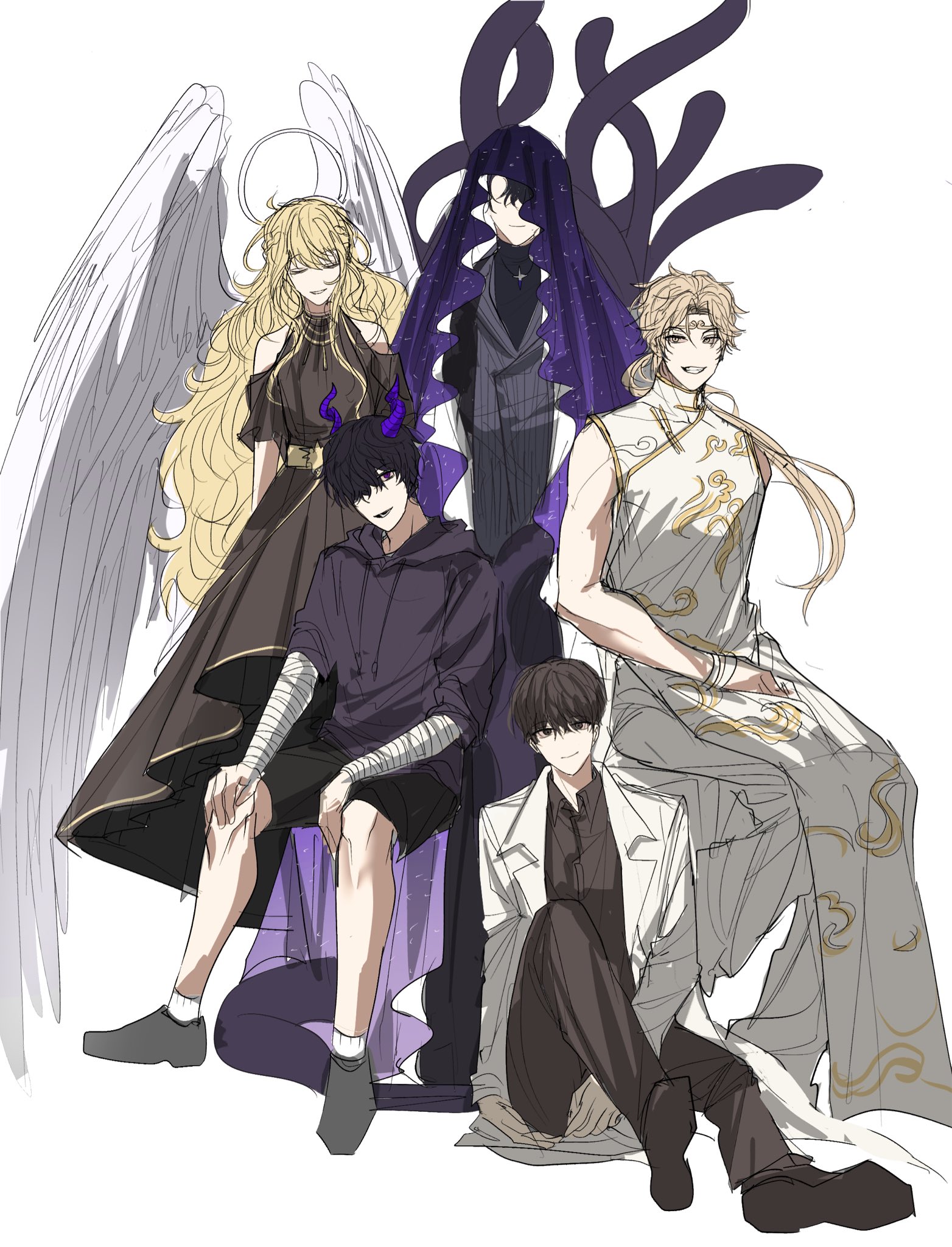kim dokja, secretive plotter, sun wukong (omniscient reader's viewpoint), uriel (omniscient reader's viewpoint), yoo joonghyuk, omniscient reader's viewpoint, highres, 1girl, 4boys, abyssal black flame dragon (omniscient reader's viewpoint), bandaged arm, bandages, black dress, black hair, black shirt, blonde hair, cloak, clothing cutout, coat, corset, dragon horns, dress, feathered wings, full body, gold trim, halo, halo behind head, hands on lap, hands on own knees, headband, hood, hood down, hood up, hooded cloak, hoodie, horns, invisible chair, jdjoaaa, layered dress, light particles, long hair, looking at viewer, mandarin collar, multiple boys, on ground, purple hoodie, shirt, short hair, shoulder cutout, sitting, sleeveless, sleeveless coat, striped clothes, striped vest, tentacles, toned, toned male, very long hair, vest, white changpao, white wings, wings