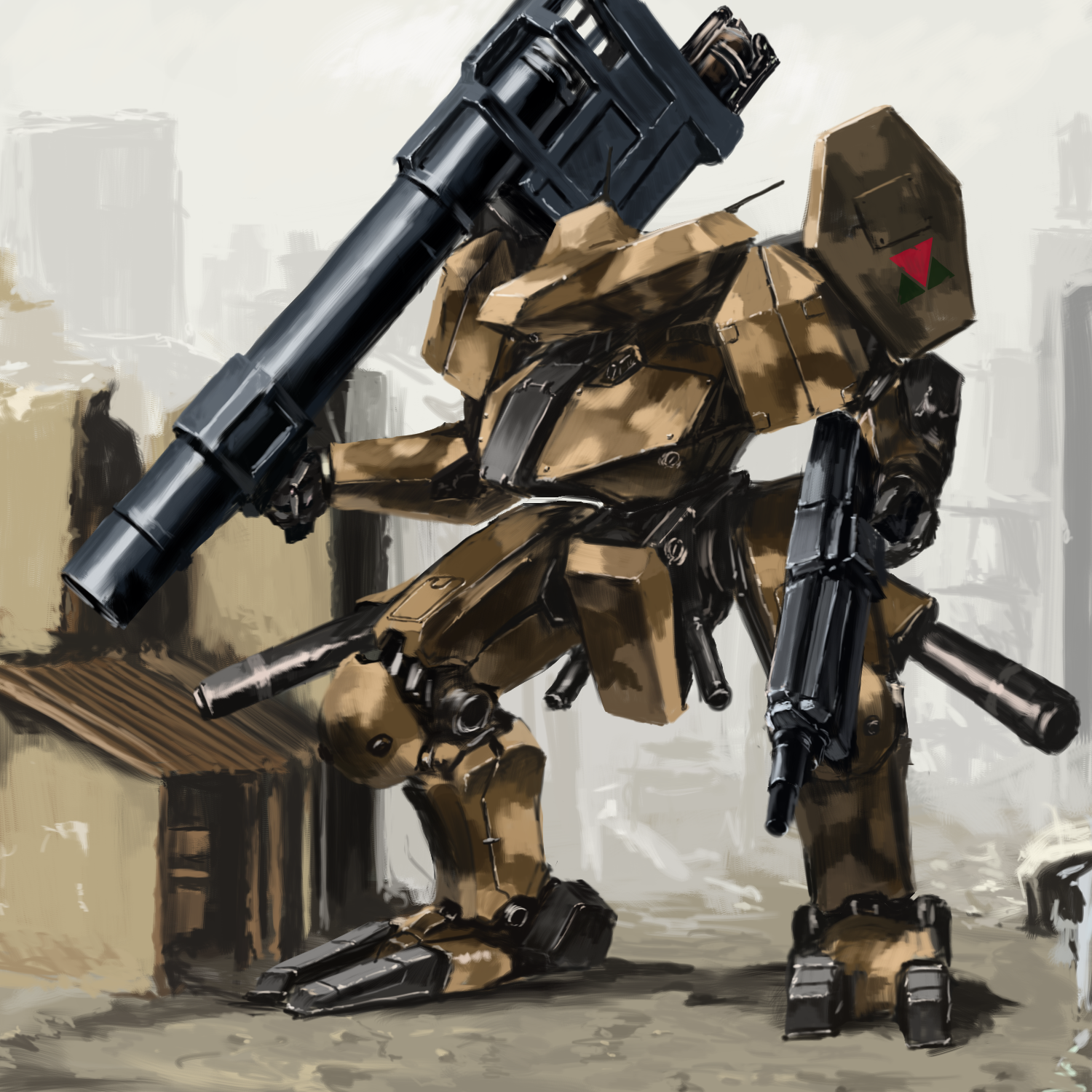 tyokugekidato, front mission, highres, camouflage, dual wielding, gun, holding, holding gun, holding weapon, machine gun, mecha, mecha focus, military, no humans, rifle, robot, rocket launcher, science fiction, weapon, woodland camouflage