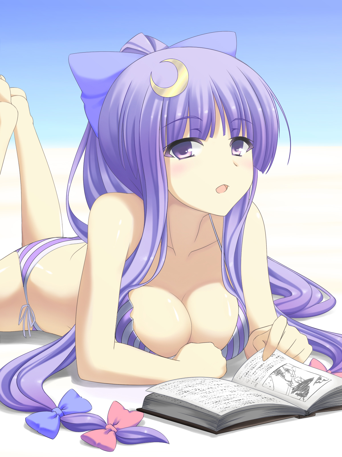 izumi sai, patchouli knowledge, touhou, bad id, bad pixiv id, highres, 1girl, alternate hairstyle, bare shoulders, barefoot, bikini, book, bow, breasts, cleavage, crescent, crescent hair ornament, female focus, hair bow, hair ornament, large breasts, long hair, looking at viewer, lying, on stomach, open mouth, pink bow, ponytail, purple eyes, purple hair, side-tie bikini bottom, solo, striped bikini, striped clothes, swimsuit