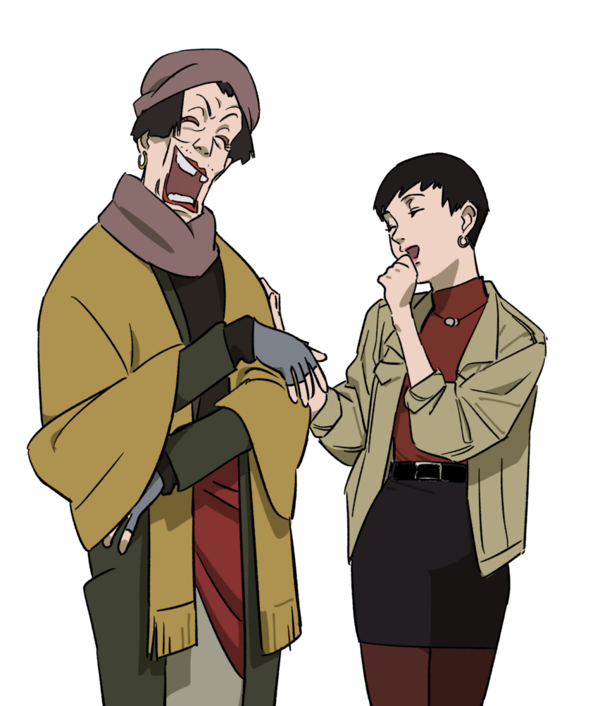 jinou rakugaki, hana (tokyo godfathers), sennen joyuu, tokyo godfathers, 2girls, belt, black hair, black skirt, chipped tooth, coat, creator connection, earrings, fingerless gloves, gloves, grey gloves, grey hat, hat, jewelry, laughing, multiple girls, pantyhose, red pantyhose, red shirt, scarf, shirt, short hair, skirt, standing, white background