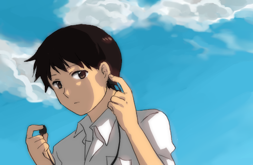 natsume (menthol), ikari shinji, neon genesis evangelion, bad id, bad pixiv id, 1boy, black hair, brown eyes, cloud, day, earbuds, earphones, male focus, sky, solo