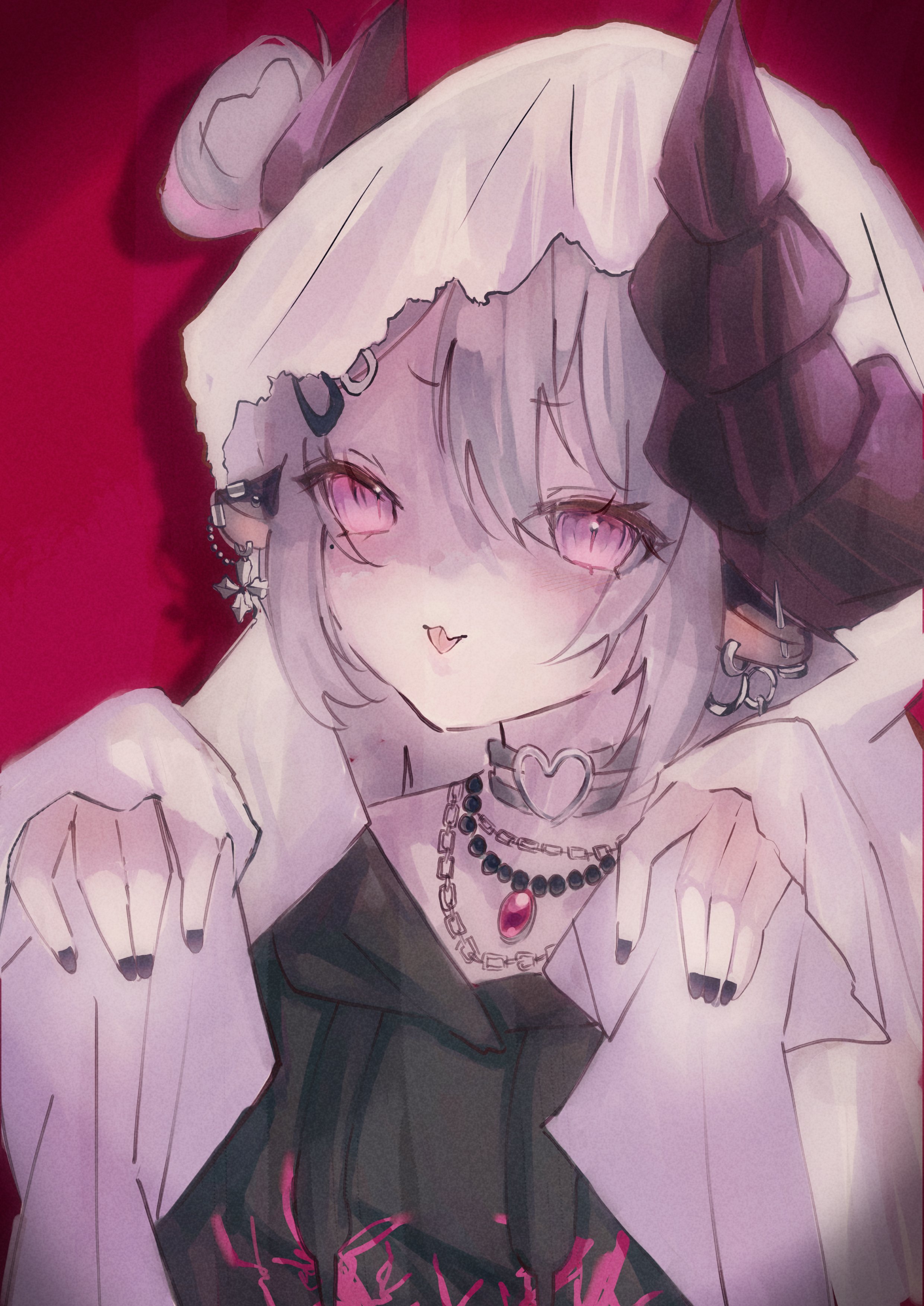 usagii 11, chikafuji lisa, chromashift, absurdres, commentary, english commentary, highres, 1girl, :p, animal ears, bead necklace, beads, black choker, black dress, black nails, chain, chain necklace, choker, dress, earrings, ghost costume, ghost pose, grey hair, hair ornament, hairclip, heart, heart o-ring, horns, jewelry, long hair, looking at viewer, mole, mole under eye, nail polish, necklace, o-ring, portrait, purple eyes, red background, sheep ears, sheep girl, sheep horns, skirt, solo, tongue, tongue out, virtual youtuber