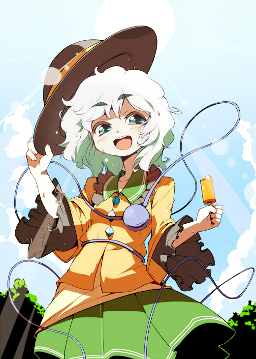 ario, komeiji koishi, touhou, silver hair, 1girl, female focus, food, green eyes, hat, holding, holding unworn clothes, holding unworn hat, popsicle, short hair, solo, unworn hat, unworn headwear