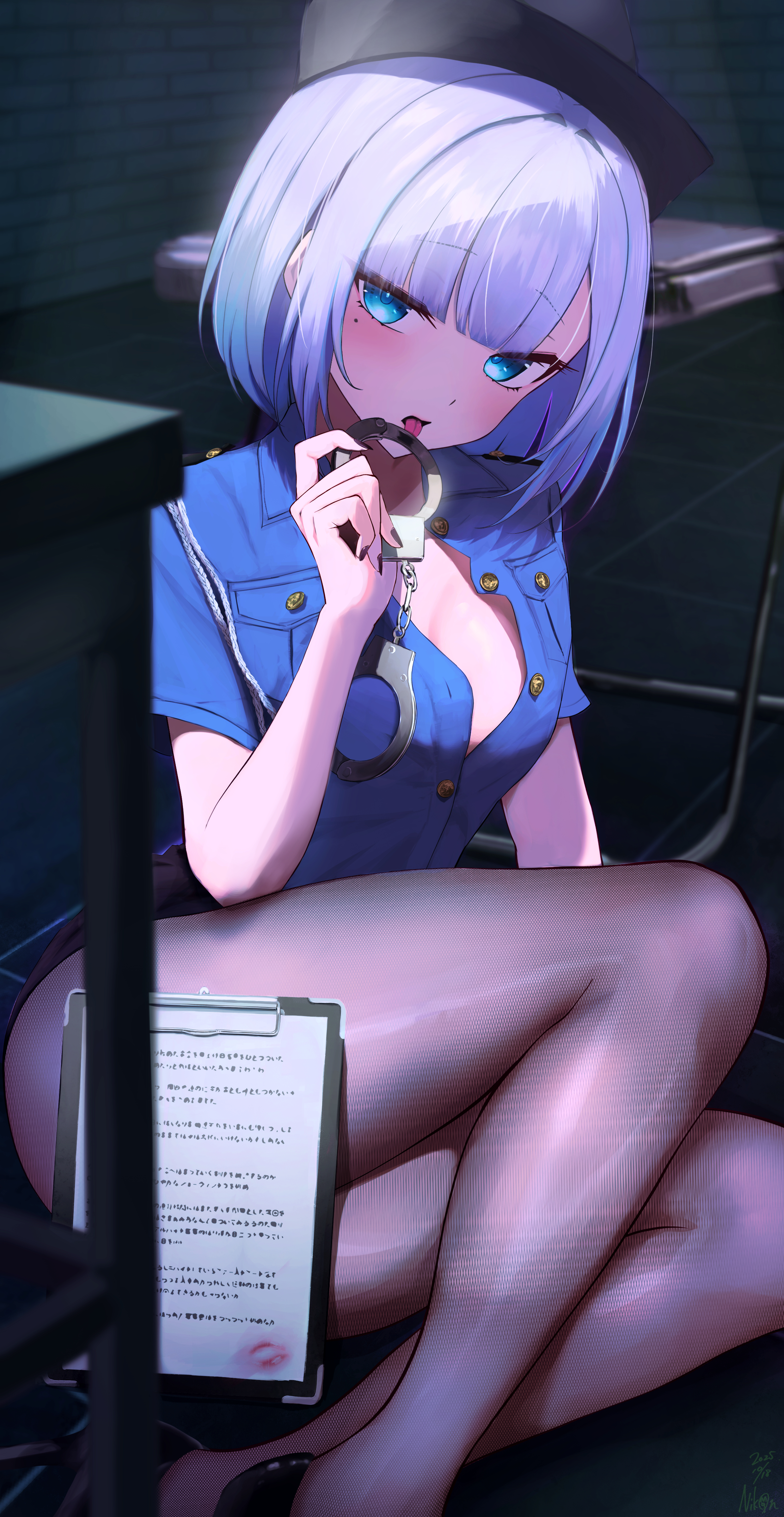 naikon, kaga sumire, vspo!, absurdres, highres, 1girl, aiguillette, black hat, black nails, black shoes, black skirt, blue eyes, blue shirt, bob cut, breasts, chair, clipboard, collared shirt, come hither, convenient censoring, cuffs, fishnet pantyhose, fishnets, folding chair, grey hair, handcuffs, hat, high heels, holding, holding handcuffs, indoors, licking, lipstick mark, looking at viewer, medium breasts, microskirt, mole, mole under eye, no bra, open clothes, open shirt, pantyhose, police, police uniform, policewoman, shirt, shoes, short hair, short sleeves, skirt, solo, table, thighs, tongue, tongue out, virtual youtuber, wing collar