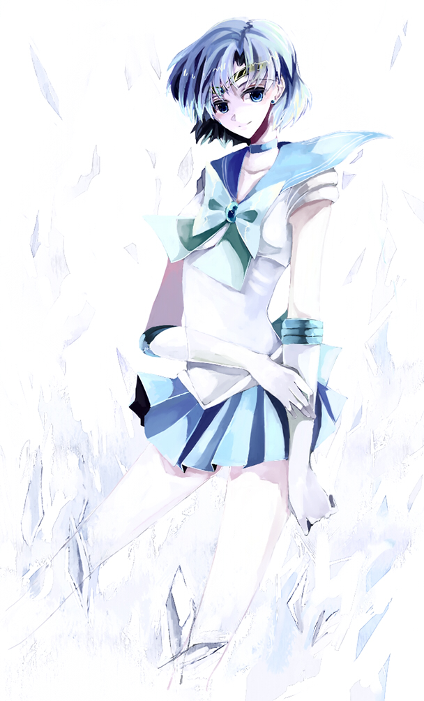 nako, nako (nonrain), mizuno ami, sailor mercury, bishoujo senshi sailor moon, bad id, bad pixiv id, 1990s (style), 1girl, blue eyes, blue hair, blue sailor collar, blue skirt, blue theme, bob cut, bow, choker, earrings, elbow gloves, female focus, gloves, ice, jewelry, leotard, magical girl, matching hair/eyes, miniskirt, pleated skirt, retro artstyle, sailor collar, short hair, skirt, smile, solo, tiara, white gloves
