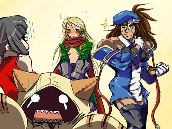 nunnun (shunka shuutou), litchi faye ling, noel vermillion, shishigami bang, taokaka, arc system works, blazblue, blazblue: calamity trigger, 1boy, 3girls, blush, cosplay, costume switch, crossdressing, d:, manly, multiple girls, open mouth, tears, thighhighs