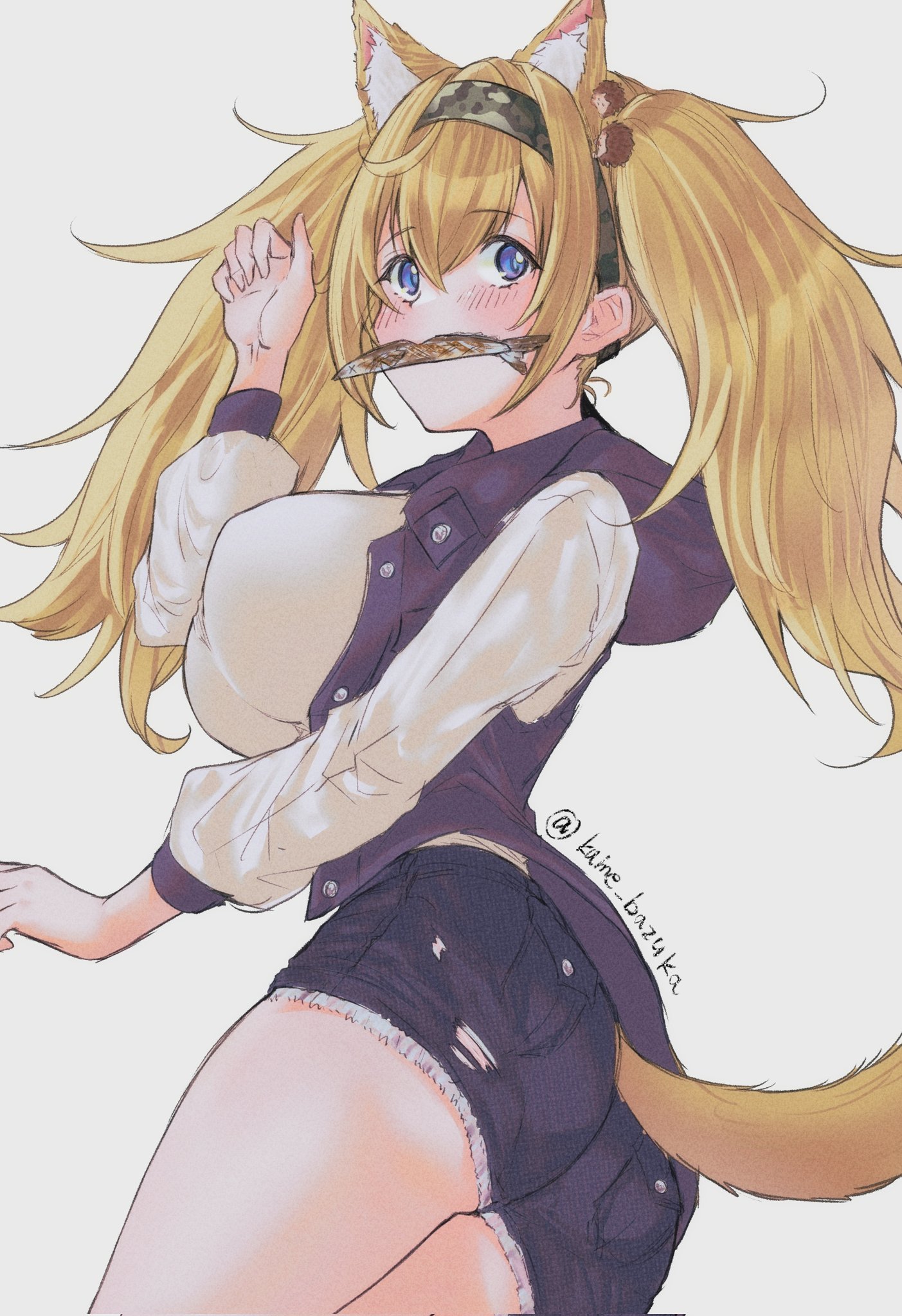 gambier bay (kancolle), gambier bay (saury festival) (kancolle), kantai collection, highres, 1girl, animal ears, blonde hair, blue eyes, blue shorts, blue vest, breasts, butao, camouflage hairband, cat ears, cat tail, denim, denim shorts, gluteal fold, hairband, large breasts, long hair, long sleeves, mouth hold, one-hour drawing challenge, shirt, shorts, simple background, solo, tail, twintails, vest, white background, white shirt