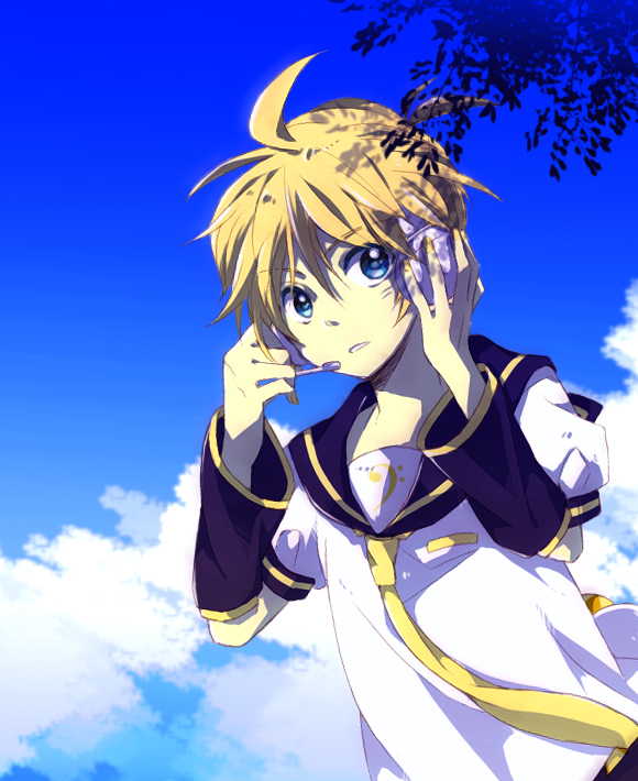hino (moca), hino (pixiv33820), kagamine len, vocaloid, bad id, bad pixiv id, 1boy, blonde hair, blue eyes, cloud, day, headphones, headset, male focus, necktie, outdoors, sky, solo, yellow necktie