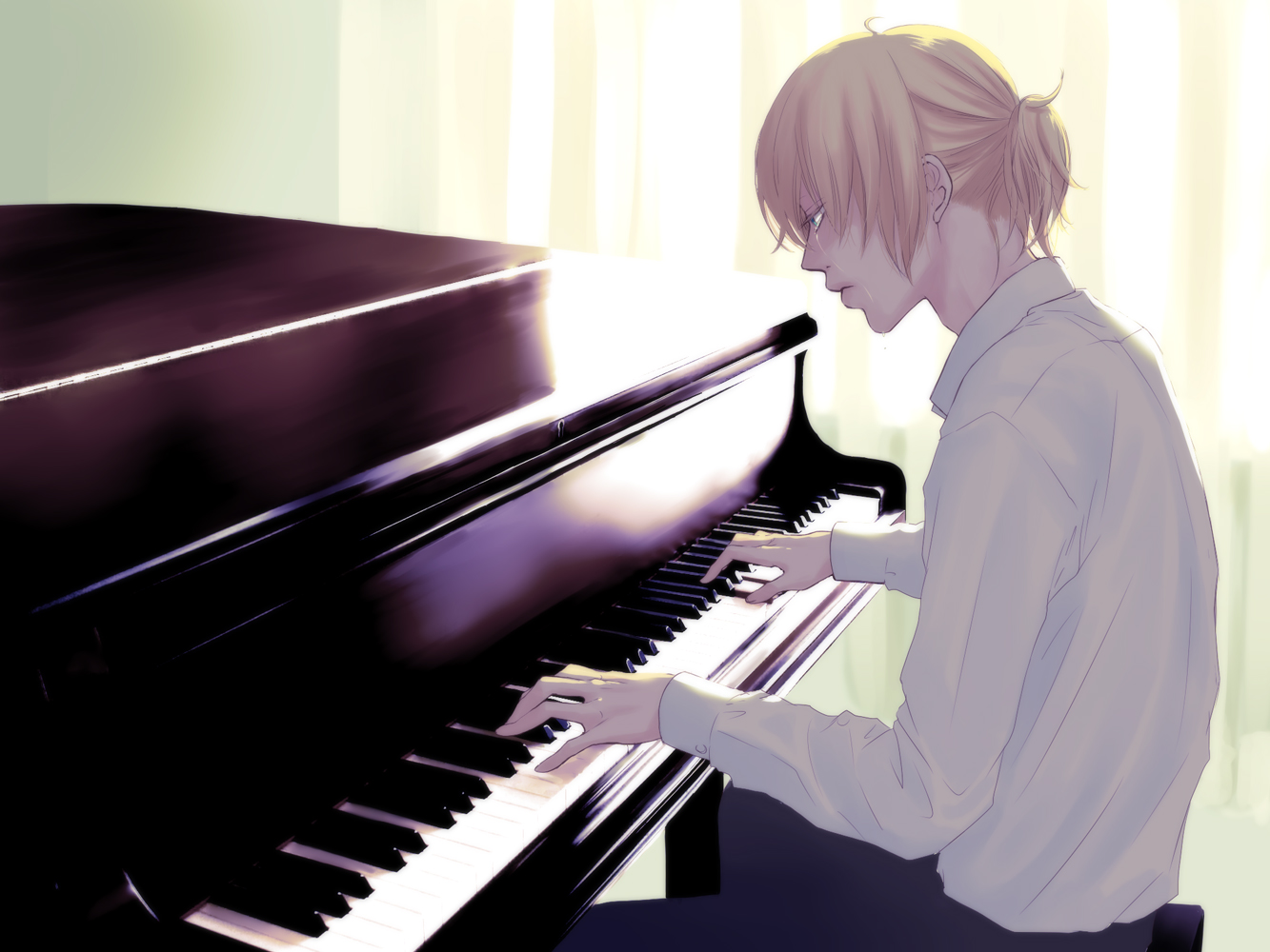 yunomi (yunomi imonuy), kagamine len, vocaloid, bad id, bad pixiv id, 1boy, aged up, aqua eyes, blonde hair, cup, instrument, male focus, piano, piano bench, ponytail, short hair, sitting, solo, tears, yunomi