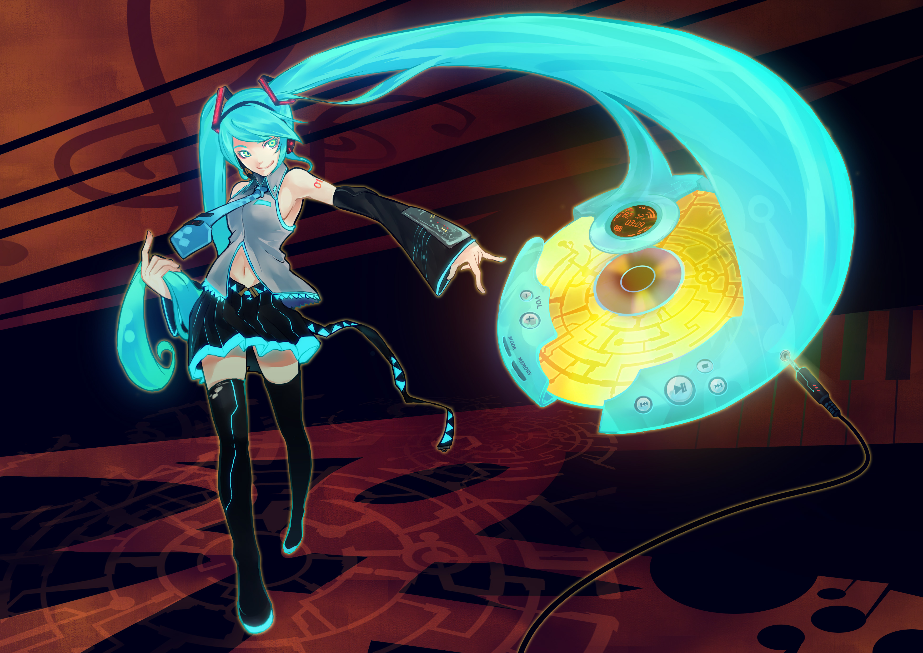 kuwatto, hatsune miku, vocaloid, absurdres, highres, 1girl, aqua hair, cd, detached sleeves, female focus, full body, green eyes, headphones, headset, long hair, navel, necktie, skirt, smile, solo, thighhighs, twintails, very long hair, zettai ryouiki