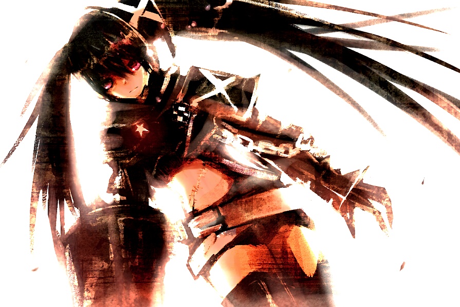 pino (artist), renpino, insane black rock shooter, black rock shooter, bad id, bad pixiv id, 10s, 1girl, armor, belt, belt skirt, black hair, chain, female focus, gauntlets, long hair, midriff, navel, purple eyes, scar, shorts, solo, thighhighs, twintails, white background
