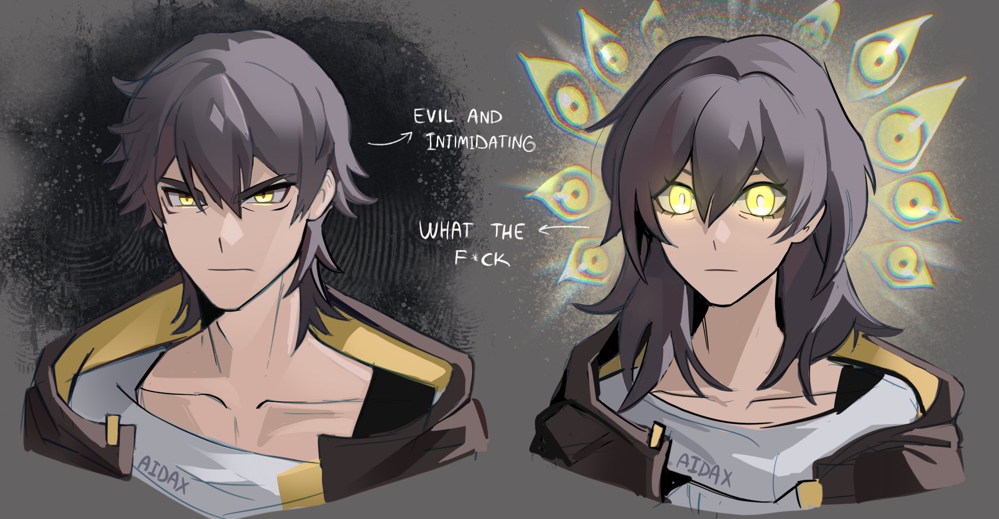 caelus (honkai: star rail), stelle (honkai: star rail), trailblazer (honkai: star rail), honkai: star rail, honkai (series), commentary, english commentary, highres, 1boy, 1girl, adxrnofficial, artist name, closed mouth, collarbone, dual persona, english text, glowing, glowing eyes, grey hair, medium hair, portrait, shirt, short hair, watermark, white shirt, yellow eyes