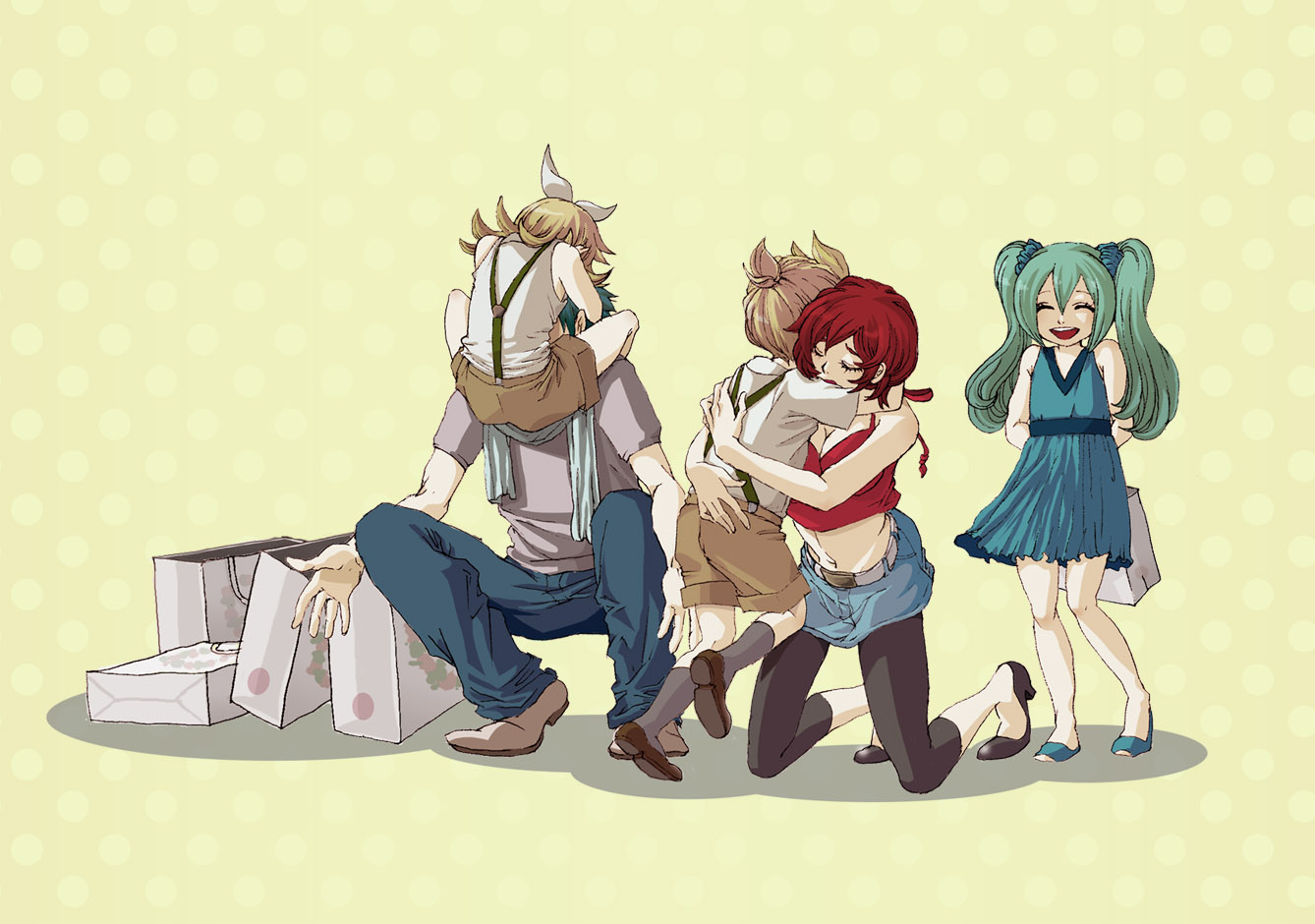 ikura umee, hatsune miku, kagamine len, kagamine rin, kaito (vocaloid), meiko (vocaloid), vocaloid, 2boys, 3girls, aqua hair, bag, blonde hair, blue hair, brown hair, child, closed eyes, dress, hug, long hair, multiple boys, multiple girls, scarf, short dress, short hair, shorts, smile, twintails