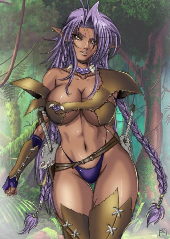 artist request, 1girl, blue panties, braid, breasts, cleavage, curvy, dark-skinned female, dark skin, earrings, elbow gloves, elf, female focus, fingerless gloves, forest, gloves, highleg, highleg panties, jewelry, large breasts, long hair, midriff, nature, necklace, panties, pointy ears, purple hair, purple panties, solo, sword, thigh gap, thighhighs, thighs, twin braids, underboob, underwear, very long hair, weapon, wide hips, yellow eyes
