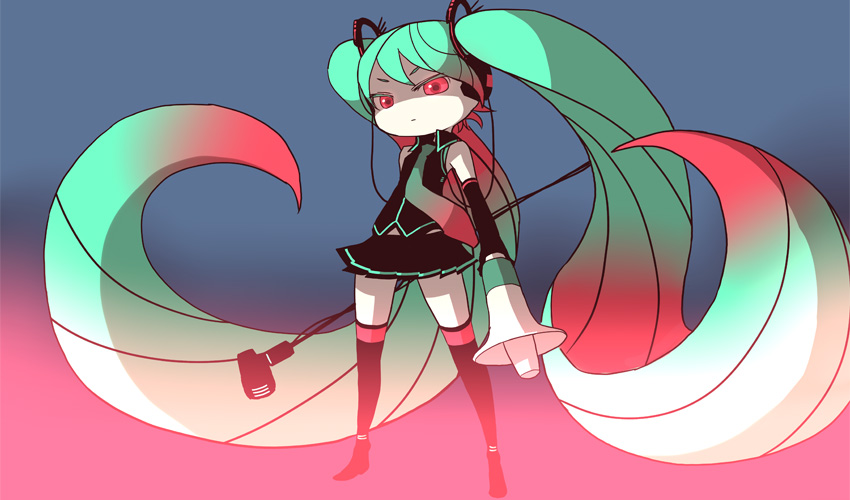 ken (koala), sawakita, hatsune miku, koi wa sensou (vocaloid), vocaloid, 1girl, aqua hair, detached sleeves, female focus, headphones, long hair, megaphone, microphone, microphone stand, necktie, red eyes, skirt, solo, thighhighs, twintails, very long hair, vintage microphone, zettai ryouiki