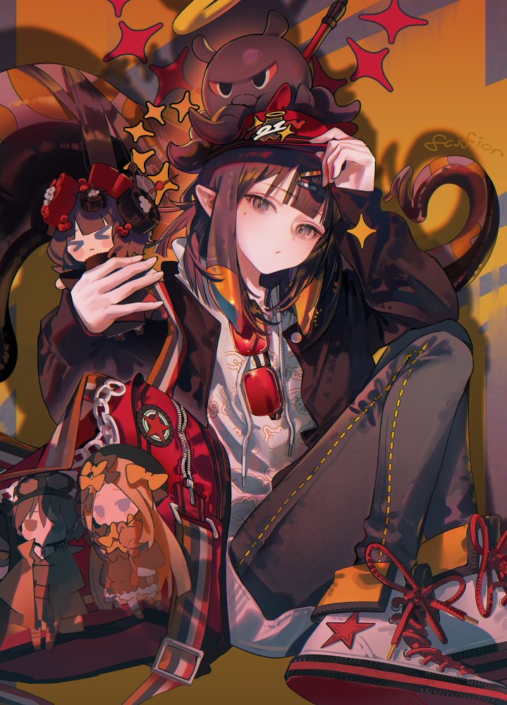 fcjfior, abigail williams (fate), katsushika hokusai (fate), ninomae ina'nis, toto-sama (fate), fate/grand order, fate (series), hololive, hashtag-only commentary, 1girl, bag, black coat, coat, doll, gradient hair, hand up, hat, long sleeves, looking at viewer, multicolored hair, octopus, panties, pointy ears, purple eyes, purple hair, red hat, shoes, sidelocks, sitting, sneakers, star (symbol), tentacles, underwear