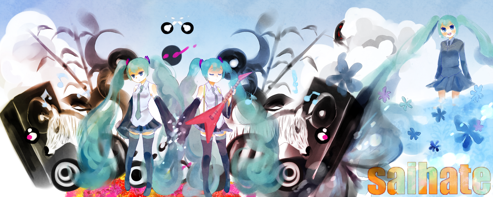 sasakure (pixiv18262), yam (htt), hatsune miku, hatsune miku (saihate), saihate (vocaloid), vocaloid, bad id, bad pixiv id, highres, long image, wide image, aqua hair, bass guitar, blue eyes, flower, formal clothes, instrument, long hair, musical note, necktie, skirt, speaker, suit, thighhighs, twintails, zebra, zettai ryouiki