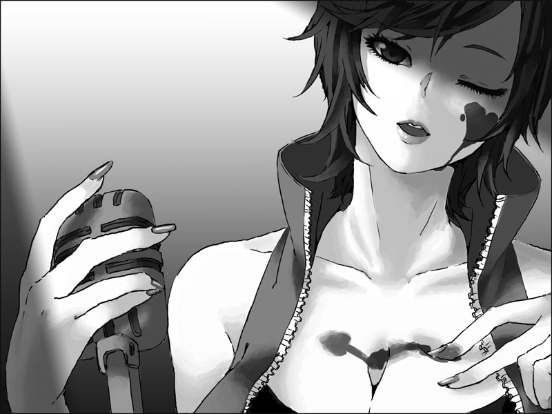 tatsune, tatsune (sa9rama9ra), meiko (vocaloid), vocaloid, bad id, bad pixiv id, 1girl, blood, breasts, cleavage, female focus, greyscale, microphone, microphone stand, monochrome, one eye closed, short hair, solo, wink