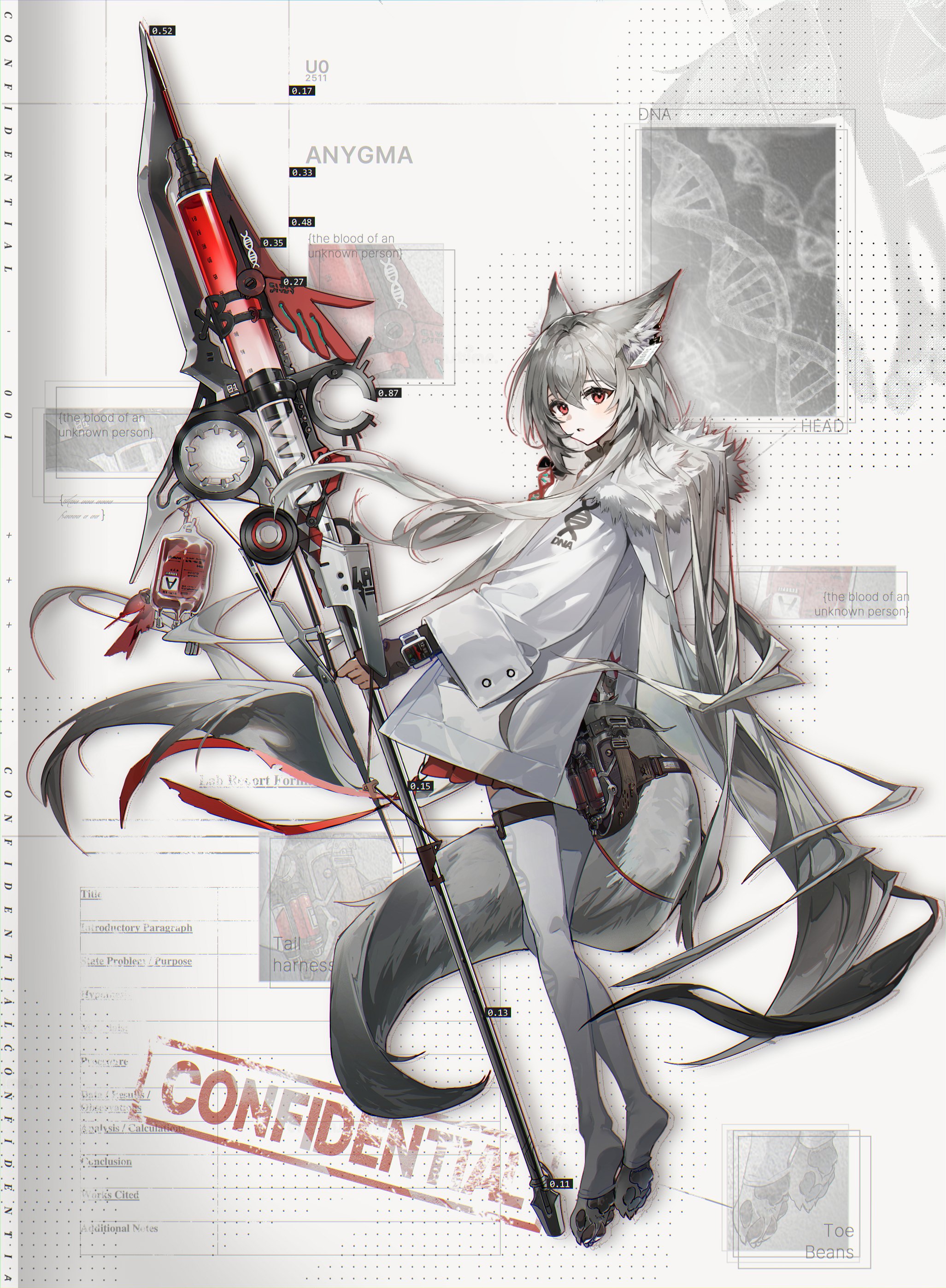 xing (gloryxing), original, absurdres, commentary, highres, symbol-only commentary, 1girl, animal ears, blood, ear tag, garter belt, grey hair, holster, name tag, polearm, red eyes, spear, syringe, tail, thigh holster, thighhighs, weapon, white thighhighs, wolf, wolf ears, wolf girl, wolf tail