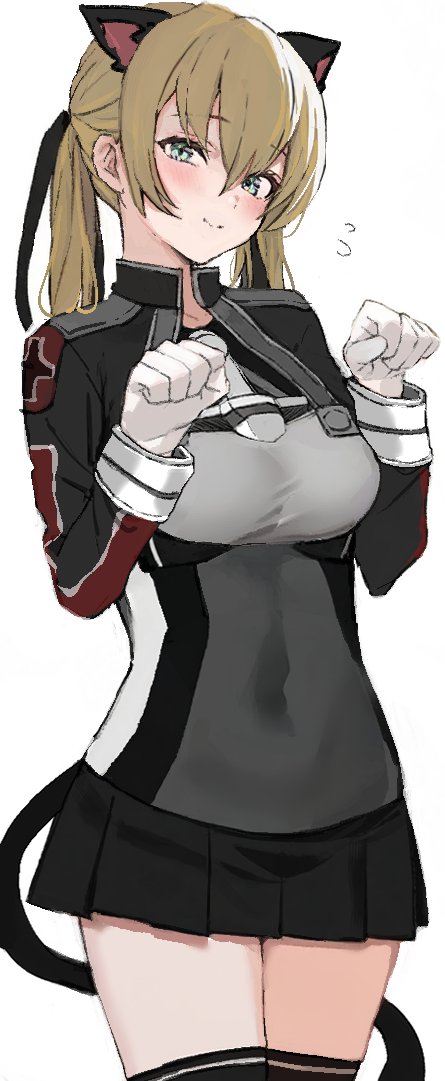 neju, prinz eugen (kancolle), kantai collection, 1girl, animal ears, black skirt, blonde hair, cat ears, cat tail, cowboy shot, cross, dress, flying sweatdrops, gloves, green eyes, iron cross, long hair, looking at viewer, low twintails, microskirt, military uniform, paw pose, pleated dress, simple background, skirt, smile, solo, tail, twintails, white background, white gloves