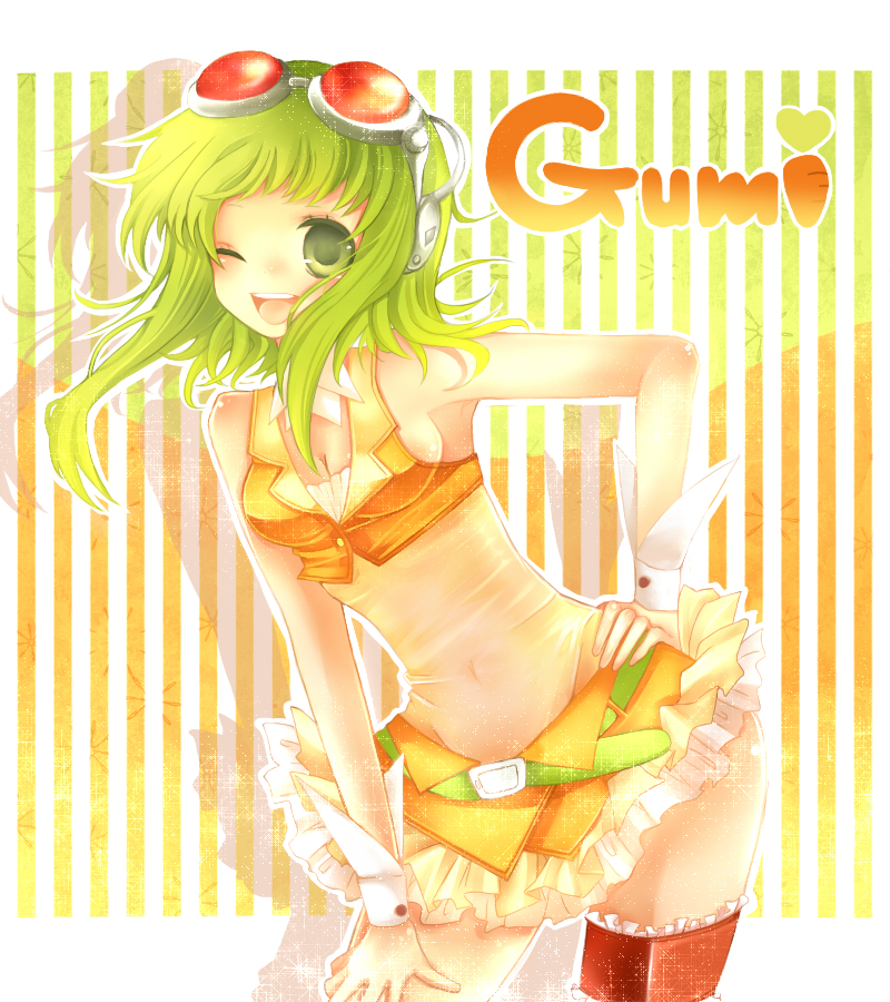 masha, masha (twinbox), gumi, vocaloid, 1girl, belt, breasts, cleavage, female focus, goggles, green eyes, green hair, matching hair/eyes, medium breasts, midriff, navel, one eye closed, short hair, skirt, smile, solo, wink, wrist cuffs