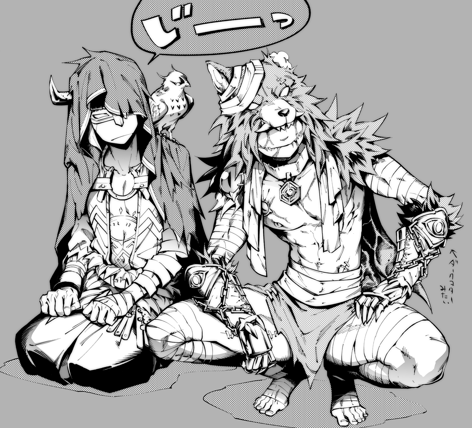 yousuke (yosk), eli clark, eli clark (experienced huntsman), naib subedar, naib subedar (parasite), identity v, highres, translation request, 2boys, abs, animal collar, bandaged arm, bandaged foot, bandages, barefoot, bird, body markings, clawed gauntlets, cloak, collar, covered eyes, eye mask, facial mark, full body, grey background, greyscale, hands on lap, hood, hooded cloak, kneeling, loincloth, looking to the side, loose bandages, male focus, mask, monochrome, multiple boys, muscular, official alternate costume, owl, pectorals, plunging neckline, smile, squatting, stitched mouth, stitches, topless male, wolf hat