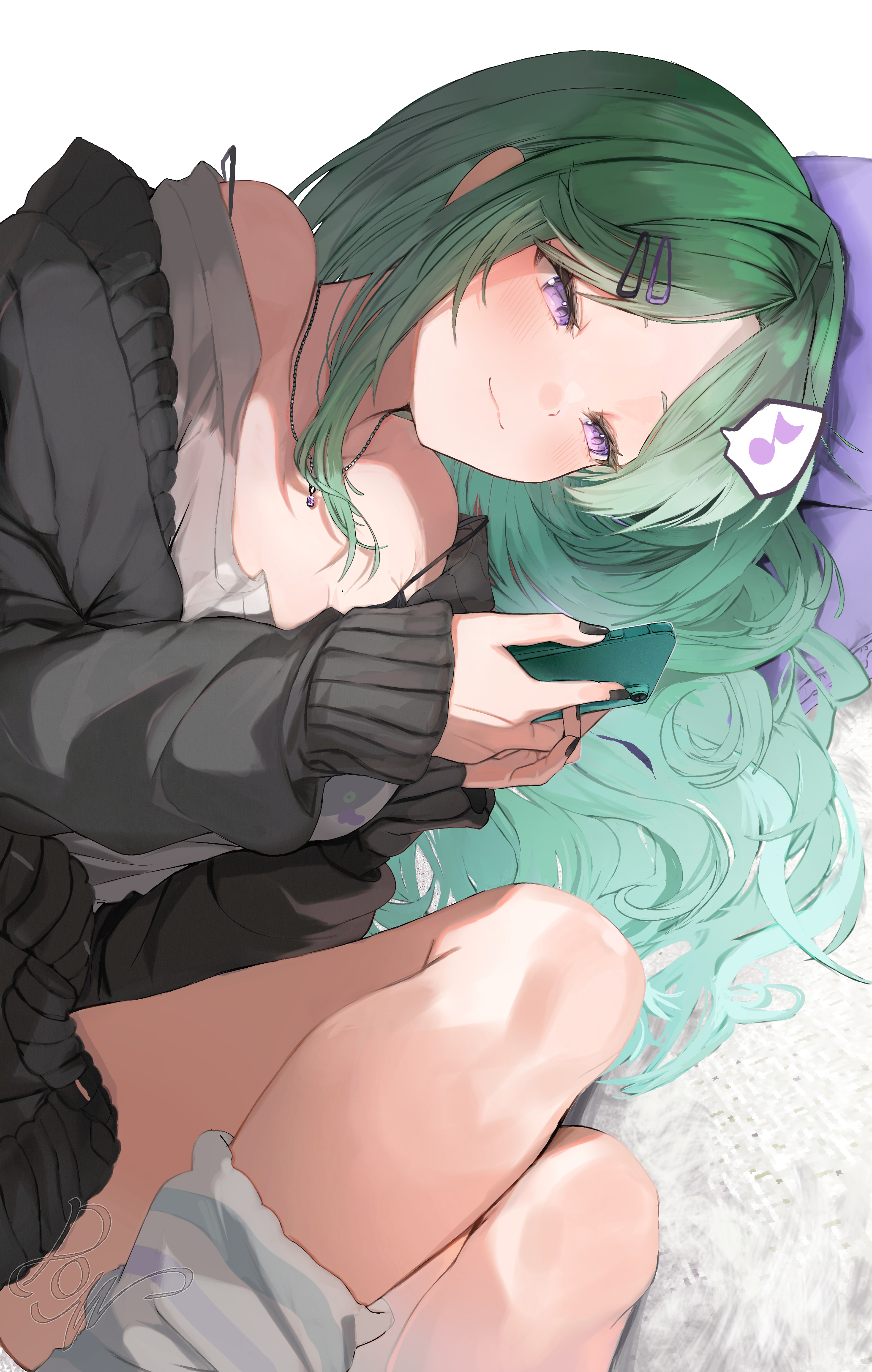 dow suitable, yakumo beni, yakumo beni (5th costume), vspo!, absurdres, highres, 1girl, artist name, black bra, black cardigan, black nails, bra, breasts, cardigan, green hair, hair ornament, hairclip, jewelry, large breasts, long hair, long sleeves, looking at phone, loose socks, lying, mole, mole on breast, musical note, necklace, off shoulder, on side, open cardigan, open clothes, parted bangs, phone, purple eyes, shirt, smile, socks, solo, spoken musical note, strap slip, striped clothes, striped socks, underwear, virtual youtuber, white shirt