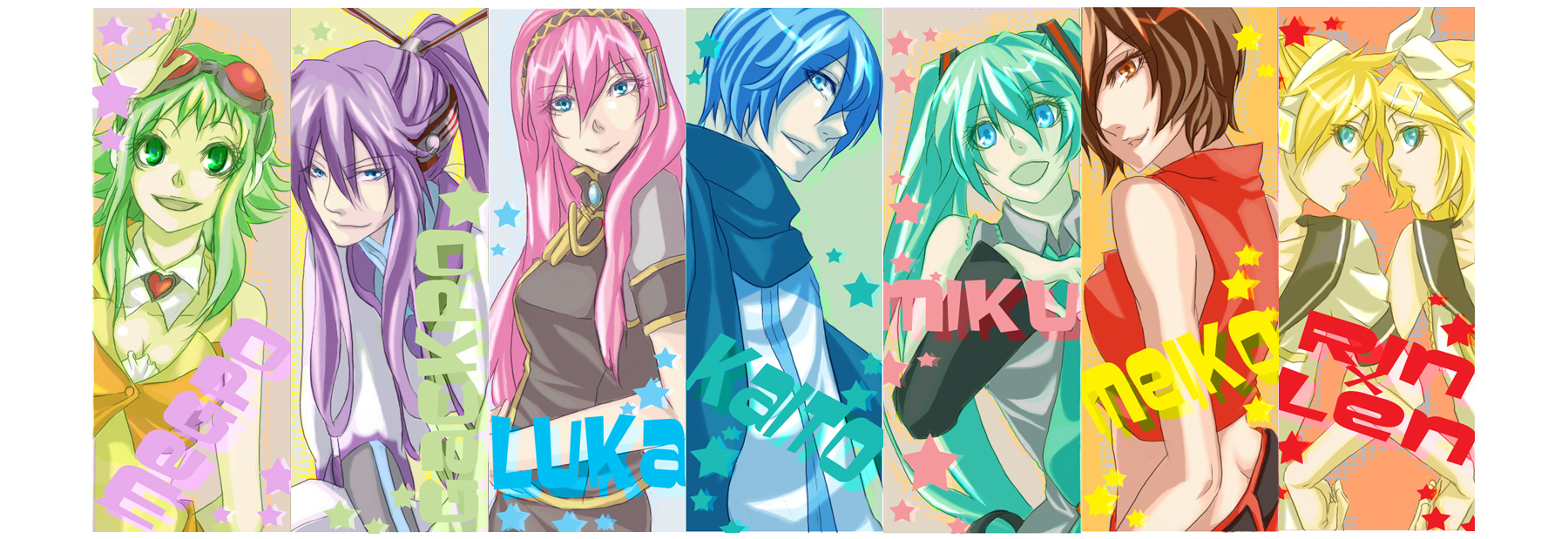 cobalt37564, t., gumi, hatsune miku, kagamine len, kagamine rin, kaito (vocaloid), kamui gakupo, megurine luka, meiko (vocaloid), vocaloid, bad id, bad pixiv id, highres, long image, wide image, 3boys, 5girls, aqua eyes, aqua hair, blonde hair, blue eyes, blue hair, blue scarf, detached sleeves, everyone, family, goggles, green eyes, green hair, hair ornament, hair ribbon, hairclip, headphones, long hair, multiple boys, multiple girls, necktie, pink hair, ponytail, purple hair, ribbon, scarf, short hair, siblings, smile, twins, twintails