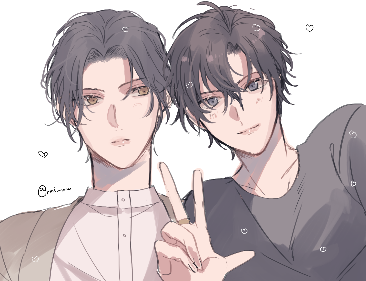 amana raika, lan wangji, wei wuxian, modao zushi, 2boys, ahoge, alternate costume, alternate hair length, alternate hairstyle, alternate universe, black hair, black shirt, brown coat, brown hair, closed mouth, coat, contemporary, couple, grey eyes, hand up, heart, jewelry, looking at another, looking at viewer, male focus, multiple boys, ring, shirt, short hair, simple background, smile, twitter username, upper body, w, wedding ring, white background, white shirt, yaoi, yellow eyes