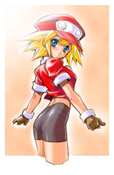 roll caskett (mega man), capcom, mega man (series), mega man legends (series), ass, bike shorts, blonde hair, blue eyes, gloves, hat, panties, short shorts, shorts, solo, underwear