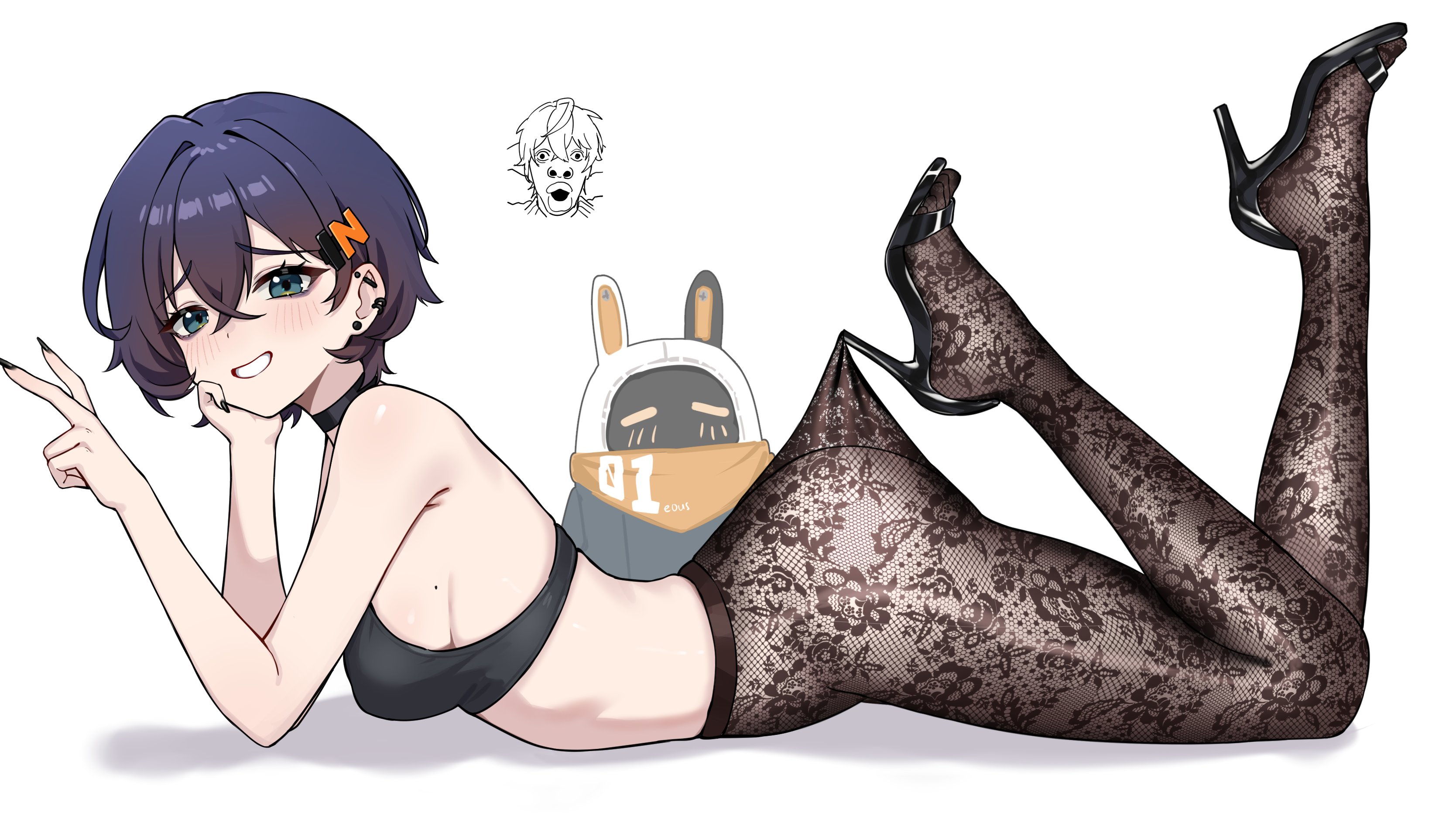 iffyru, belle (zenless zone zero), zenless zone zero, absurdres, highres, 1girl, ass, black hair, black nails, blue eyes, blush, bra, breasts, earrings, fingernails, hair between eyes, hair ornament, hairclip, high heels, jewelry, lace pantyhose hooked on heel (meme), letter hair ornament, long fingernails, looking at viewer, meme, open mouth, pantyhose, short hair, smile, underwear, v