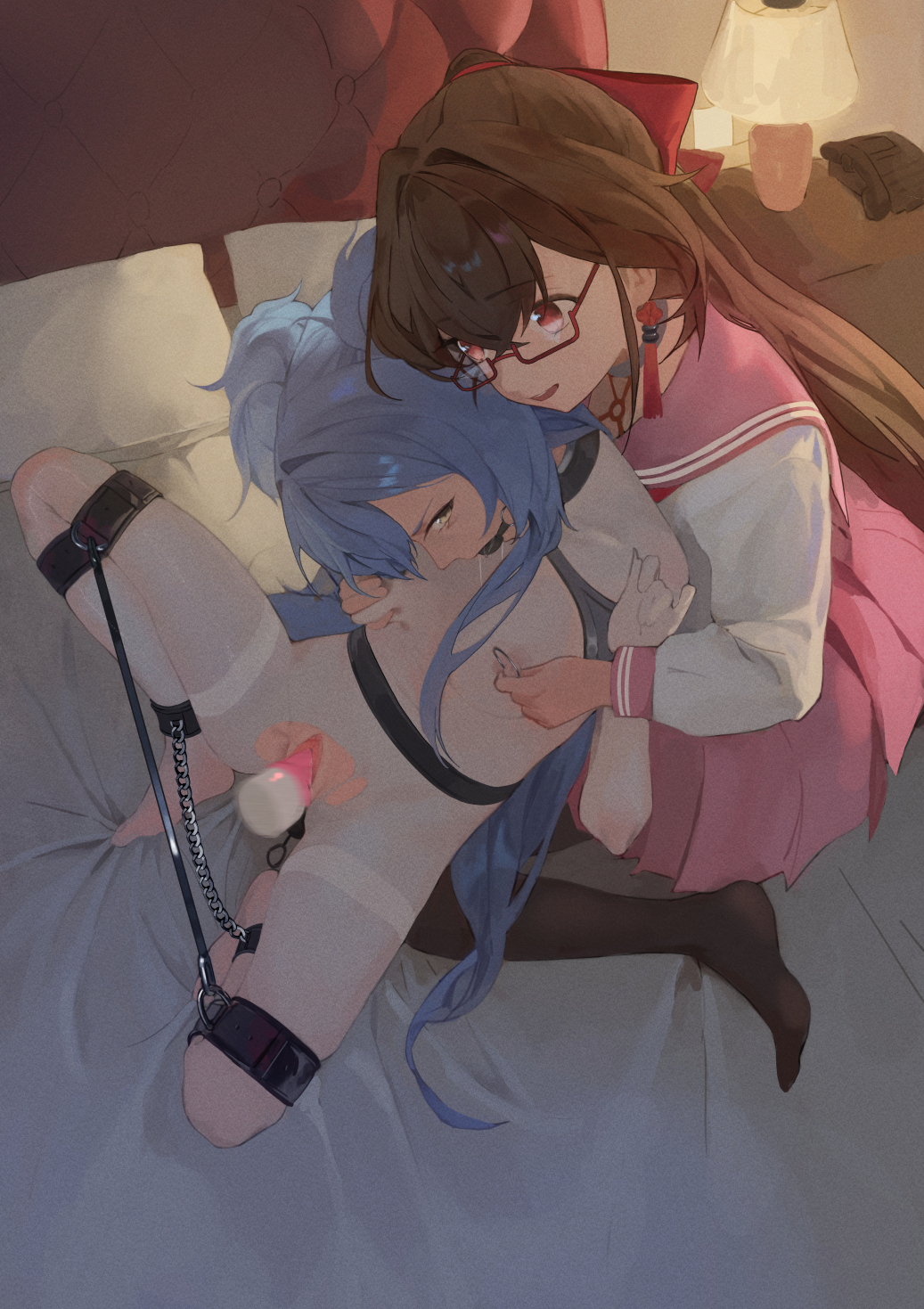 240mmap, original, highres, 2girls, bdsm, black pantyhose, blue hair, bondage, bound, breasts, brown hair, cuffs, drooling, frogtie, gag, gagged, grabbing another's breast, groping, indoors, long hair, looking at another, multiple girls, nipple piercing, pantyhose, piercing, pillory, pleated skirt, red eyes, restrained, sailor collar, separated legs, sex toy, shackles, shirt, skirt, small breasts, spreader bar, vibrator, white bodystocking, white shirt, yellow eyes, yuri