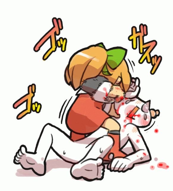 nozo (abikoshi), 8toushin, roll (mega man), 2channel, capcom, mega man (classic), mega man (series), light brown hair, bad id, bad pixiv id, inactive account, 00s, 1boy, 1girl, blonde hair, blood, face punch, hair ribbon, in the face, long hair, ponytail, punching, red skirt, ribbon, skirt, tears