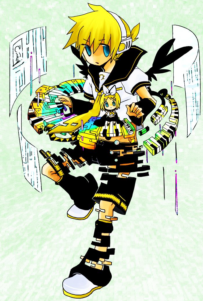 hisashi shin, kagamine len, kagamine rin, vocaloid, 1boy, 1girl, blonde hair, blue eyes, brother and sister, digital dissolve, dissolving, headphones, instrument, keyboard, keyboard (instrument), mini person, minigirl, necktie, piano keys, pixel dissolve, short hair, siblings, twins, wings, yellow necktie