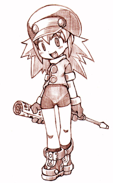 roll caskett (mega man), capcom, mega man (series), mega man legends (series), 1girl, female focus, hat, monochrome, newsboy cap, newspaper, oversized object, pink theme, screwdriver, simple background, solo, white background