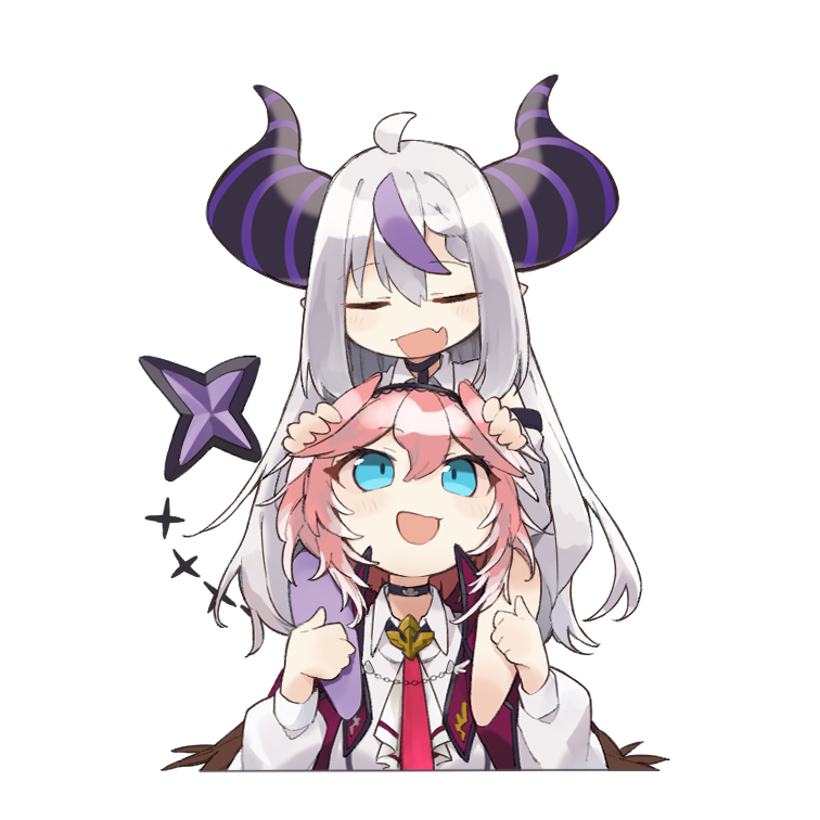 safai, la+ darknesss, takane lui, takane lui (1st costume), hololive, commentary request, 2girls, blue eyes, carrying, chibi, choker, closed eyes, collared shirt, cropped torso, demon girl, demon horns, demon tail, fang, grey hair, hands on another's head, head wings, horns, jacket, long hair, looking up, multicolored hair, multiple girls, necktie, open mouth, pantyhose, pink hair, purple hair, purple pantyhose, red jacket, red necktie, shirt, shoulder carry, simple background, single leg pantyhose, skin fang, smile, streaked hair, striped horns, tail, very long hair, virtual youtuber, white background, white shirt, wings