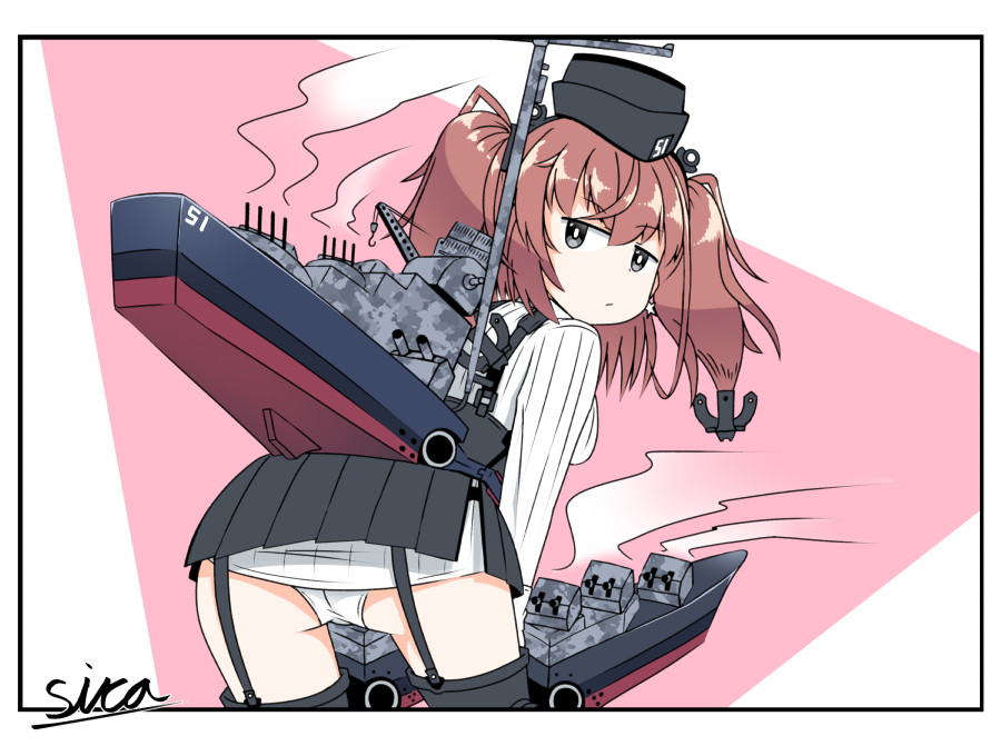 sira, atlanta (kancolle), kantai collection, commentary request, 1girl, artist name, black hat, black skirt, brown hair, collared shirt, dress, dress shirt, earrings, from behind, garrison cap, garter straps, grey eyes, hat, high-waist skirt, jewelry, looking back, machinery, panties, pleated dress, shirt, skirt, smoke, solo, star (symbol), star earrings, striped clothes, striped skirt, suspender skirt, suspenders, two side up, underwear, white panties, white shirt