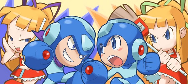 mega man?, mega man (character), roll (mega man), capcom, mega man: powered up, mega man (classic), mega man (series), 2boys, 2girls, :d, arm cannon, battle, blonde hair, blue eyes, blunt bangs, blush, chibi, dual persona, evil grin, evil smile, grin, multiple boys, multiple girls, open mouth, round teeth, smile, teeth, weapon
